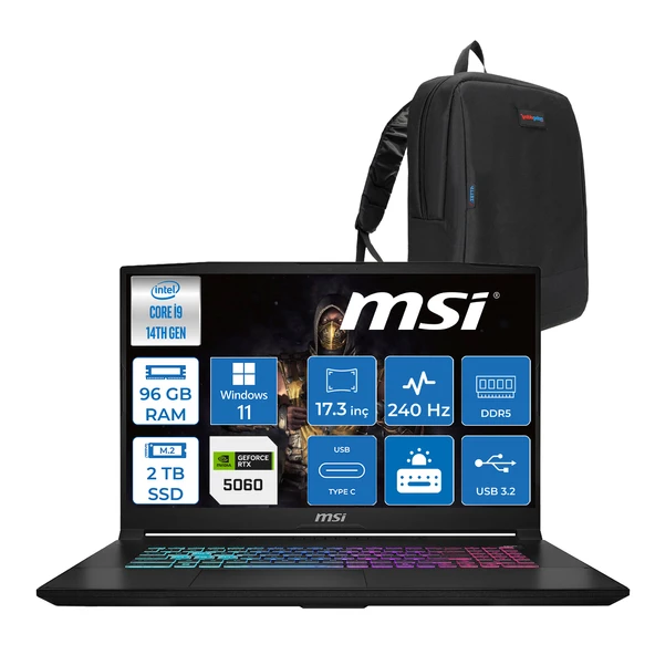 Msı Katana 17 Hx B14WFK-217TR 14. Nesil Intel İ9-14900HX 96GB Ddr5 2tb SSD 8GB/RTX5060 115W 17.3" Qhd (2560*1440), 240Hz IPS Windows 11 Home Taşınabilir Bilgisayar. W217TRH29+ZETTAÇANTA ürün görseli 1