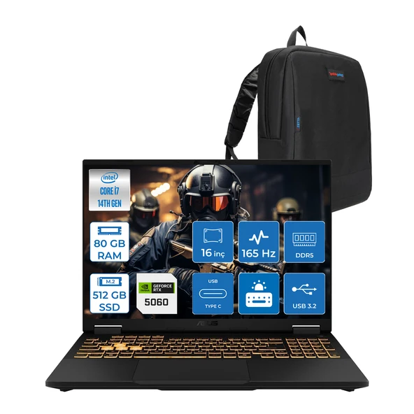 Asus Tuf Gaming F16 FX608JMR 14. Nesil Intel I7-14650HX 80GB Ddr5 512GB SSD 8GB/RTX5060 115W 165Hz 16"wuxga Fhd+ 300NITS IPS Freedos Gaming Bilg. WRV077F22+ZETTAÇANTA ürün görseli