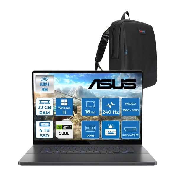 Asus Rog Zephyrus G16 GU605CW Intel Core Ultra 9 285H AI 32 GB 4tb SSD RTX5080-16 GB 120W WIN11PRO 16" OLED 2.5k 240Hz 0.2Ms 550 Nits WQXGA (2560x1600) Taşınabilir Bilgisayar WQR160115+ZETTAÇANTA ürün görseli