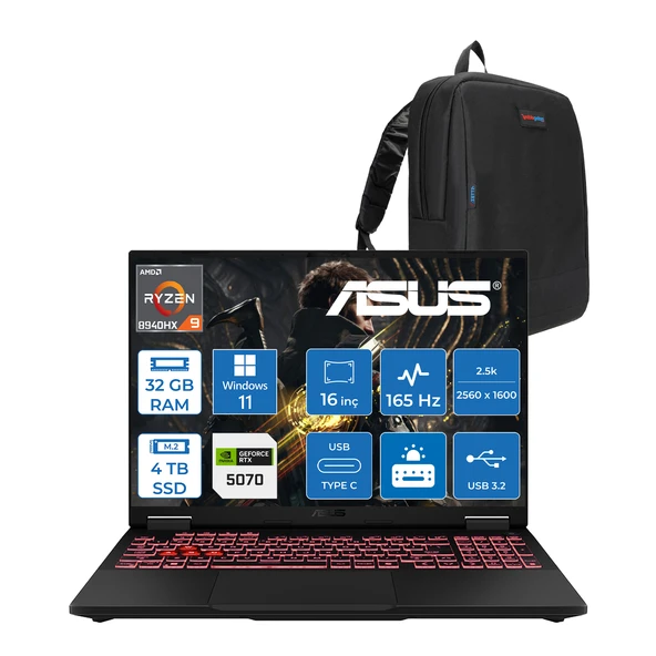 Asus Tuf Gaming A16 FA608PP Amd Ryzen 9 8940HX Aı 32GB Ddr5 4tb SSD 8GB/RTX5070 115W 165Hz 16"wqxga 2.5k 400NITS IPS Windows 11 Home Gaming Bilg. WQT060H10+ZETTAÇANTA ürün görseli