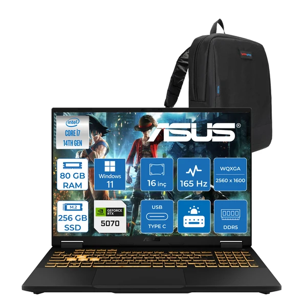 Asus Tuf Gaming F16 FX608JPR 14. Nesil Intel I7-14650HX 80GB Ddr5 256GB SSD 8GB/RTX5070 115W 165Hz 16"wqxga 2.5k 400NITS IPS Windows 11 Home Gaming Bilg. WQT070H21+ZETTAÇANTA ürün görseli