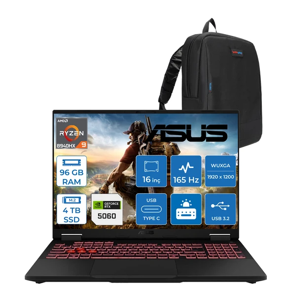 Asus Tuf Gaming A16 FA608PM-RV026 Amd Ryzen 9 8940HX Aı 96GB Ddr5 4tb SSD RTX5060-8GB 115W 165Hz 16"wuxga IPS Freedos Taşınabilir Bilgisayar WRV026F30+ZETTAÇANTA ürün görseli