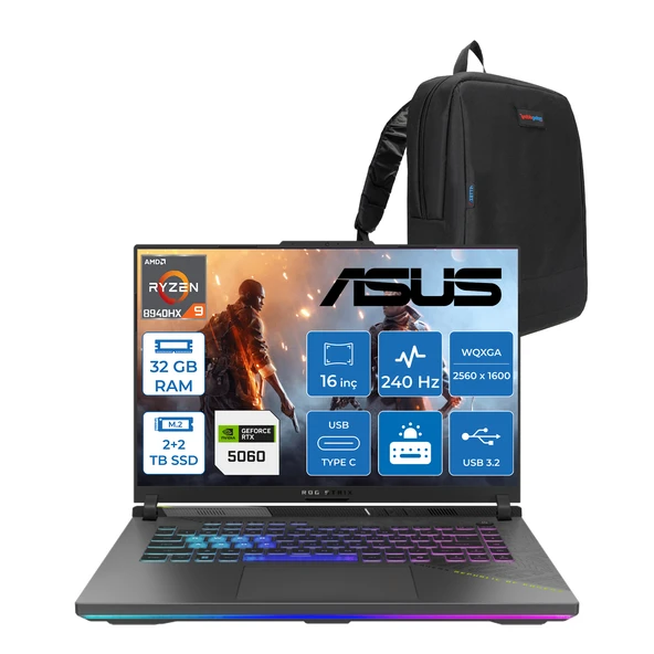 Asus Rog Strix G16 G614PM-S5062 Amd Ryzen 9 8940HX Aı 32GB GB 2tb Ssd+2tb SSD 8GB/RTX5060 Gddr7 115W 16"/ 2.5k (2560 x 1600, Wqxga) 3ms 240Hz, 500 Nits Freedos Gaming Laptop WS5062F14+ZETTAÇANTA ürün görseli