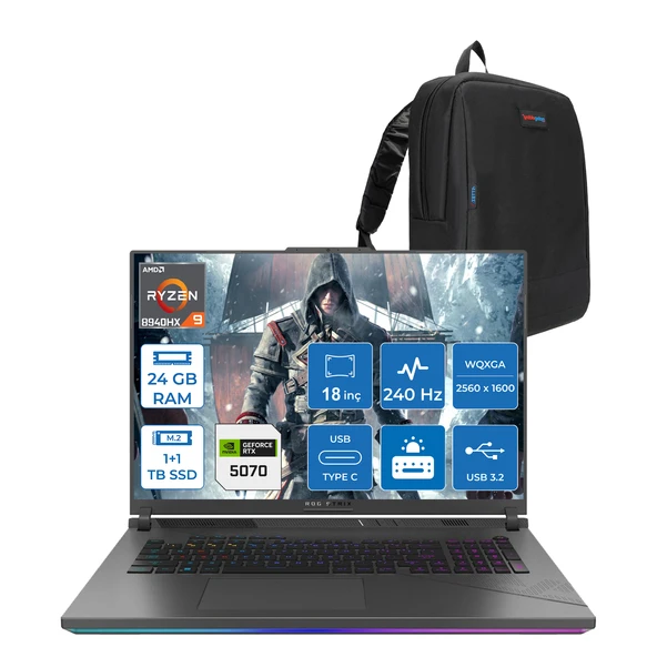 Asus Rog Strix G18 G814PP Amd Ryzen 9 8940HX Aı 24GB 1tb SSD +1tb SSD 8GB/RTX5070 Gddr7 115W 18"2.5k (2560 x 1600, Wqxga) 240Hz 3ms  Freedos Gaming Laptop WS9046F04+ZETTAÇANTA ürün görseli