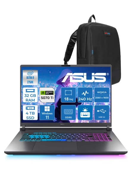 Asus Rog Strix G18 G815LR-S9156 Ultra 9 275HX Aı 32GB GB 4tb SSD 12GB/RTX5070Tİ Gddr7 175W 18" 2.5k Wqxga 240Hz 3ms 500NITS Windows 11 Pro Taşınabilir Bilgisayar WS9156W15+ZETTAÇANTA ürün görseli