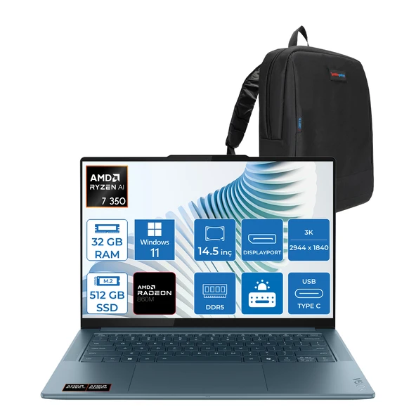 Lenovo Yoga Pro 7 14AKP10  Amd Ryzen Aı 7 350 32GB Ram 512GB SSD 14.5" 3k (2944X1840) OLED 1000NITS WIN11PRO Taşınabilir Bilgisayar YG83KG000GTRP02+ZETTAÇANTA ürün görseli