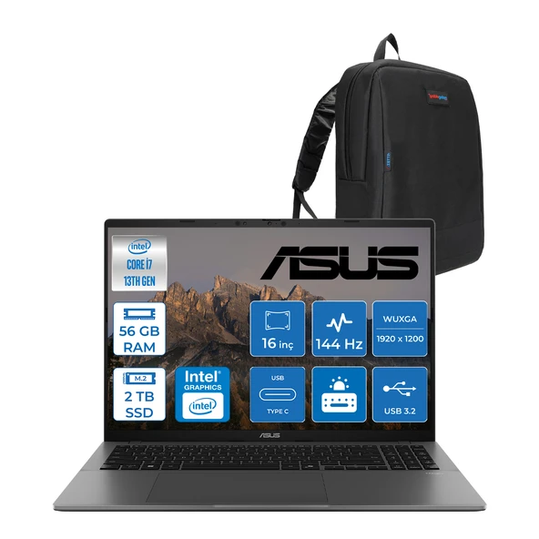 Asus Vivobook WS3607VA S16 Intel Core I7 13620H-56 GB Ddr5-2tb Ssd-16" Wuxga IPS 300NITS 144Hz Freedos Taşınabilir Bilgisayar ZRP077F29+ZETTAÇANTA ürün görseli 1