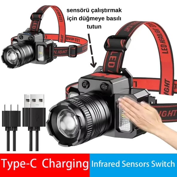 Zoom Sensörlü LED Kafa Feneri | USB-C Şarjlı, Yakınlaştırmalı, Dijital Göstergeli, Su Geçirmez - 10