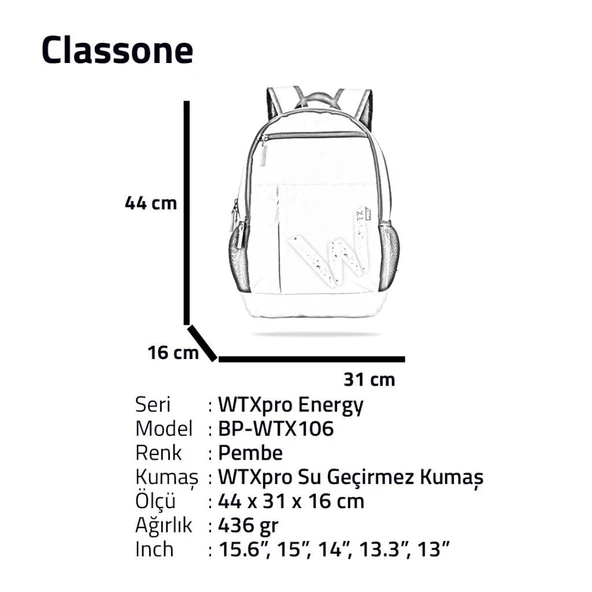 Classone BP-WTX106 WTXpro Serisi Su Geçirmez Kumaş,15.6¨ Laptop, Notebook Sırt Çantası-Pembe - 2