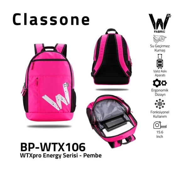 Classone BP-WTX106 WTXpro Serisi Su Geçirmez Kumaş,15.6¨ Laptop, Notebook Sırt Çantası-Pembe - 1