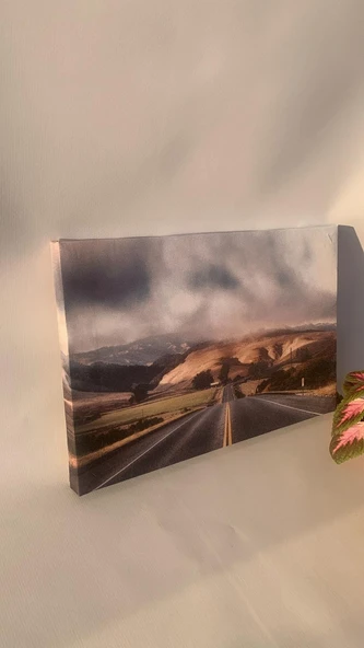 Yol ve Dağ Manzaralı Natürel Tasarım Ahşap Çerçeve Ev İşyeri Ofis Duvar Dekorasyon Kanvas Tablo MNZ1 - 3