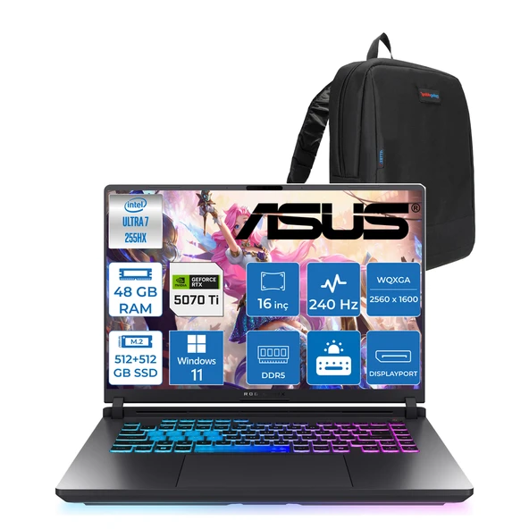 Asus Rog Strix G16 G615LR  Intel Ultra 7 255HX Aı 32GB GB 512GB SSD+512GB 12GB/RTX5070Tİ Gddr7 140W 16" 2.5k 2560 x 1600 Wqxga 240Hz 3ms 500NITS  WIN11PRO Gaming Laptop ZS5212P10+ZETTAÇANTA ürün görseli