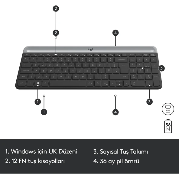 Logitech MK470 Kablosuz İnce Türkçe Klavye Mouse Seti - Gri-Siyah - Resim 5