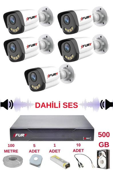 FURY 5 li Sesli Gece Renkli Görüş Güvenlik Kamerası Su Geçirmez Güvenlik Kamerası Seti 5590s 500GB - 2
