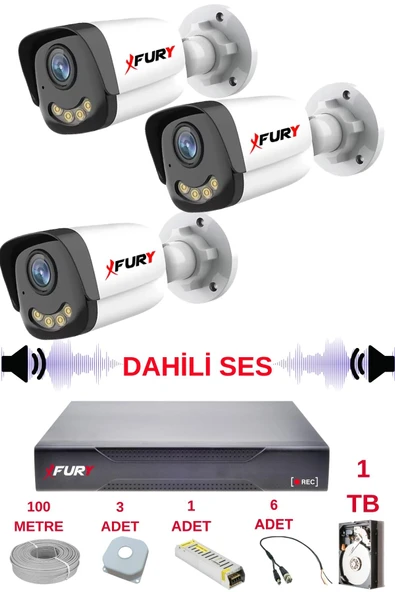 FURY 3 LÜ Sesli Gece Renkli Görüş Güvenlik Kamerası Su Geçirmez Güvenlik Kamerası Seti 5590s 1TB - Resim 2