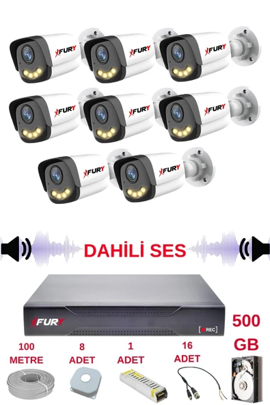 FURY 8 li Sesli Gece Renkli Görüş Güvenlik Kamerası Su Geçirmez Güvenlik Kamerası Seti 5590s 500GB ürün görseli