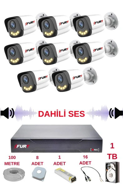 FURY 8 li Sesli Gece Renkli Görüş Güvenlik Kamerası Su Geçirmez Güvenlik Kamerası Seti 5590s 1TB ürün görseli