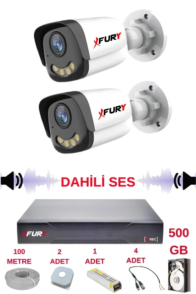FURY 2 li Sesli Gece Renkli Görüş Güvenlik Kamerası Su Geçirmez Güvenlik Kamerası Seti 5590s 500GB - Resim 2