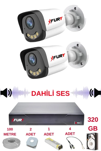 FURY 2 li Sesli Gece Renkli Görüş Güvenlik Kamerası Su Geçirmez Güvenlik Kamerası Seti 5590s 320GB - Resim 2