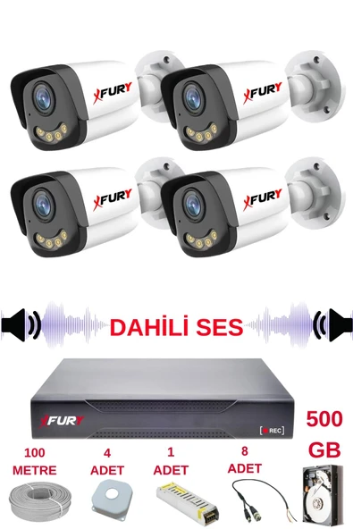 FURY 4 LÜ Sesli Gece Renkli Görüş Güvenlik Kamerası Su Geçirmez Güvenlik Kamerası Seti 5590s 500GB - Resim 2