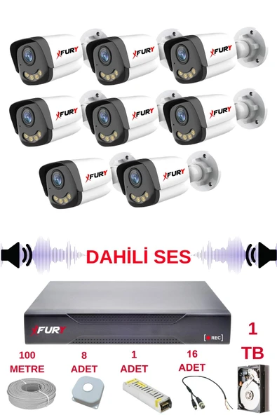 FURY 8 li Sesli Gece Renkli Görüş Güvenlik Kamerası Su Geçirmez Güvenlik Kamerası Seti 5590s 1TB - Resim 2