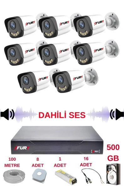 FURY 8 li Sesli Gece Renkli Görüş Güvenlik Kamerası Su Geçirmez Güvenlik Kamerası Seti 5590s 500GB - Resim 2