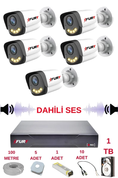 FURY 5 li Sesli Gece Renkli Görüş Güvenlik Kamerası Su Geçirmez Güvenlik Kamerası Seti 5590s 1TB ürün görseli