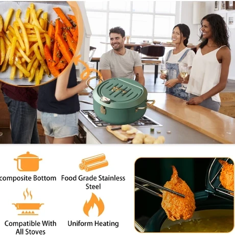 n Kızartma Tencere Yağ Fritöz Termometre ve Kapaklı 304 Tempura Fritöz Tava Kızarmış Tavuk Tencere - 2