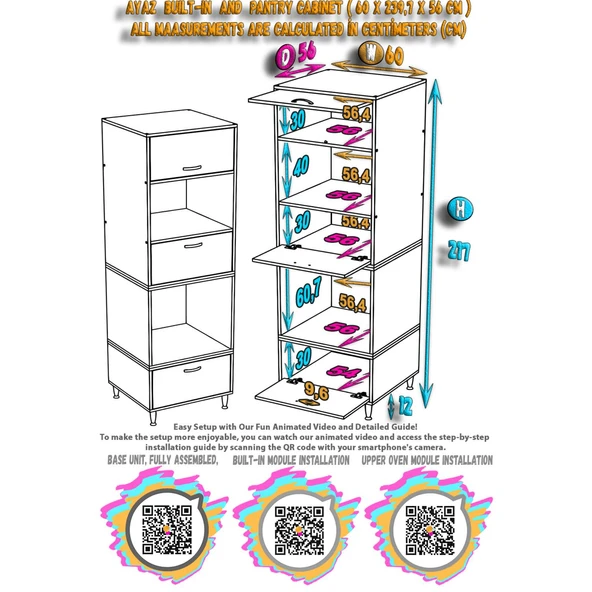 Modilayn AYAZ (60x217x56 cm) Boyutunda Ankastre 3 Kapaklı Mini/Midi Mikrodalga Fırın Dolabı - 5