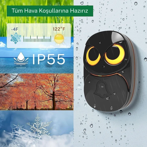 Monozone Işıklı Baykuş Şekilli 2 Alıcı 1 Verici Kapı Zili Hasta Çağırma Butonu Su Geçirmez Zil - Resim 6