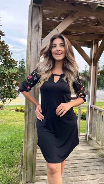 Kadın Fakir Kol Bisiklet Yaka çiçek Desen Sandy Salaş Kısa Elbise - 2