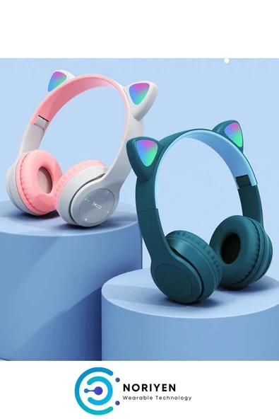 Gri Renk Kedi Kulaklı Işıklı Kablosuz Bluetooth Kedili Çocuk Kulaklık Uyumlu - Resim 3