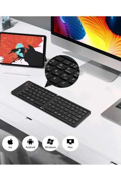 Tüm Cihazlar İle Uyumlu Siyah Kablosuz Katlanabilir Şarjlı Taşınabilir Mini Bluetooth Klavye - 3