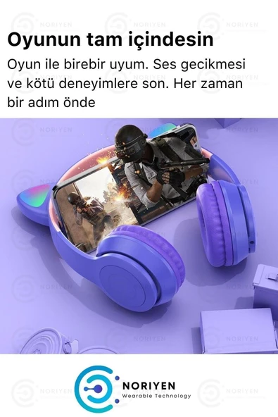 Gri Renk Kedi Kulaklı Işıklı Kablosuz Bluetooth Kedili Çocuk Kulaklık Uyumlu - Resim 4