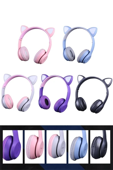 Gri Renk Kedi Kulaklı Işıklı Kablosuz Bluetooth Kedili Çocuk Kulaklık Uyumlu - Resim 2