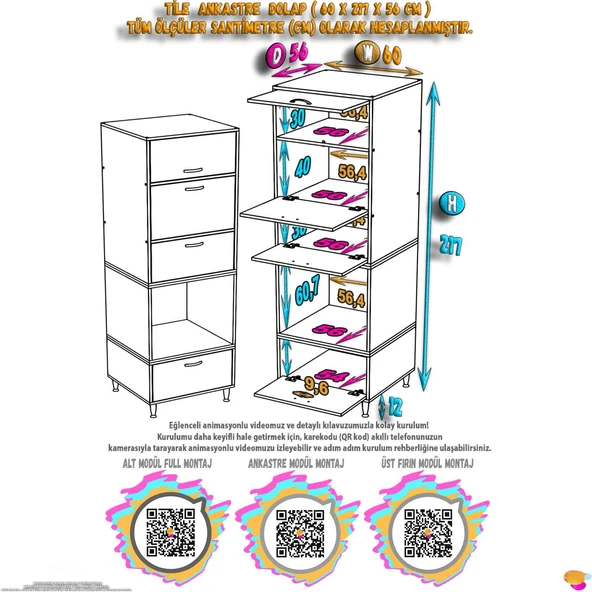 Modilayn TİLE Ankastre Fırın Dolabı (60x217x56 cm) - 4 Kapaklı, Ekmeklikli Kiler Mutfak Dolabı - 4
