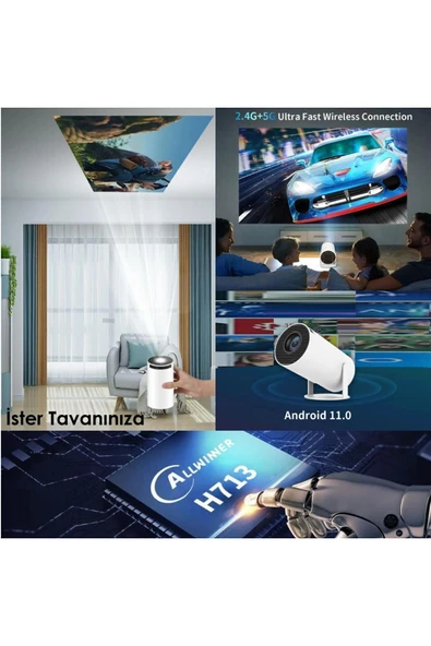 Projeksiyon Cihazı Taşınabilir Sinema Projeksiyon 720p Ev Sineması Bluetooth Android 11 Akıllı Proje - 7
