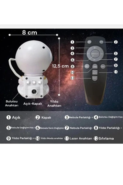 Astronot Projektör Gece Masa Lambası Galaxy Gökyüzü Nebula Projeksiyon Kumandalı Aydınlatma - Resim 2