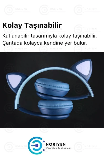 Gri Renk Kedi Kulaklı Işıklı Kablosuz Bluetooth Kedili Çocuk Kulaklık Uyumlu - Resim 5