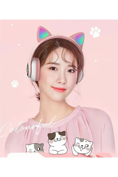 Bluetooth Kablosuz Renkli LED Işıklı Kedili Katlanabilir Sd Kartlı Çocuk Kafa ve Kulak Üstü Kulaklık - Resim 3