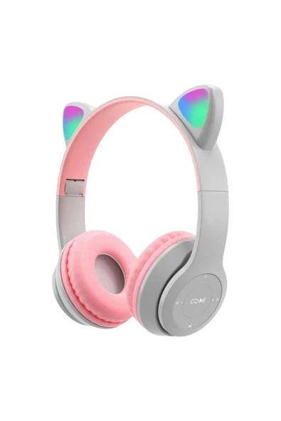 P47 Bluetooth'lu Extra Bass Wireless Işıklı Kulak Üstü Kedi Kulaklık PEMBE