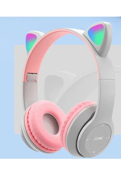 Kedi Kulağı Bluetooth Kablosuz Kulaklık Rengarenk Işıklı Rgb Gri Çocuk Oyun Kulaklığı Radyolu - 5
