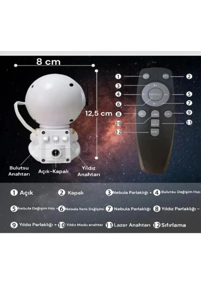 Astronot Projektör Gece Lambası Yıldız Galaxy Efekti - 3