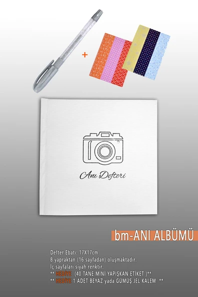 Anı Defteri Fotoğraf Albümü - 17x17 Cm - Beyaz Anı Albüm İçi Siyah - Kalem Ve Stiker Hediye ürün görseli 1