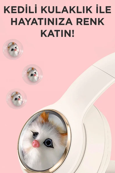 HD11 Beyaz Sevimli Kedi Karükatür Kulak Led Işıklı 5.3 Bluetooth Kulak Üstü Kulaklık - 3
