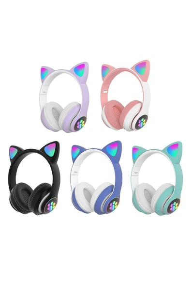 Pembe Stn28 Renk Kablosuz Bluetooth 5.0 Led Işıklı Kedili Şık Kulaklık Hediye Fm - 3