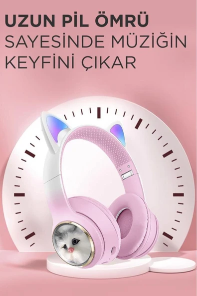Kız Çocuk Pembe Renk Kedi Kulaklıklı Kulak Üstü Kulaklık Renkli Işıklı Kablosuz Kulaklık - Resim 2