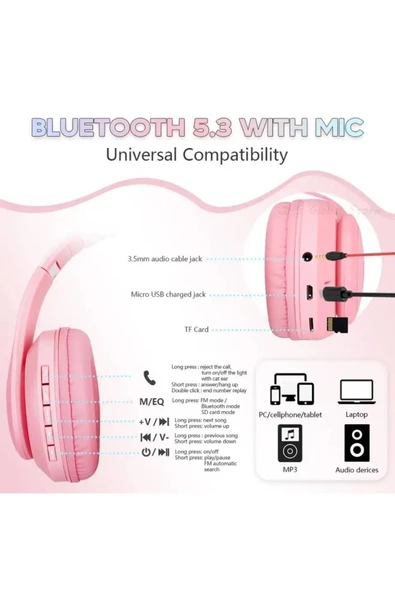 gri ürün Çocuk Bluetooth Kulaklık Kedi Kulaklık Pro 5.0 Akıllı Rgb Led Detaylı Bluetooth Kablosuz - Resim 4