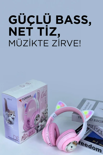 HD11 Pembe Sevimli Kedi Karükatür Kulak Led Işıklı 5.3 Bluetooth Kulak Üstü Kulaklık - Resim 4