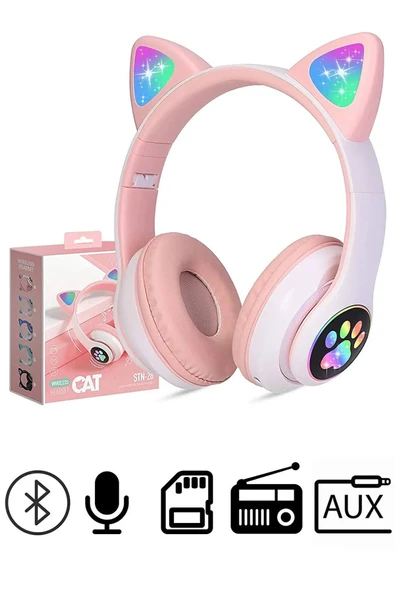 Pembe Stn28 Renk Kablosuz Bluetooth 5.0 Led Işıklı Kedili Şık Kulaklık Hediye Fm - 1